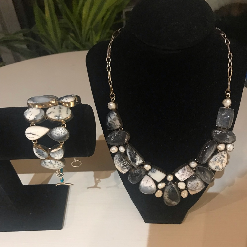 Grey and white stone necklace and bracket set with gold chain